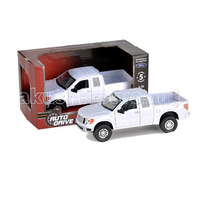 AutoDrive Машинка инерционная Ford F-150 1:32Машинка инерционная Ford F-150 1:32 AutoDrive Машинка инерционная Ford F-150 1:32Машинка инерционная Ford F-150 1:32Инерционная модель AutoDrive Ford F-150 обладает пятью замечательными игровыми функциями. У нее открываются двери, багажник и капот, светятся фары, а при надавливании на корпус и взаимодействии с подвижными элементами срабатывает звуковой эффект. Игрушка детально повторяет реальный прототип – автомобиль Ford F-150, изготовлена по лицензии концерна. Ford F-150 – пикап-внедорожник, олицетворяющий американский стиль жизни, один из самых популярных автомобилей в мире. Игрушка оснащена инерционным механизмом, за счет которого может передвигаться самостоятельно. Отведите модель назад и отпустите - она поедет вперед. Корпус машинки изготовлен из металла, за счет чего она смотрится как коллекционная модель. У нее реалистичные декоративные элементы из пластика и прорезиненные колеса. Машинка будет отлично смотреться на полке или станет долговечной игрушкой для ребенка. Работает от 3 батареек AG13/LR44 (миниатюрные).<br>