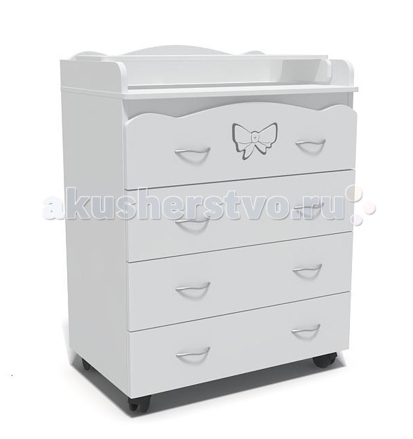 Комод Baby Elite Мишка с бантом пеленальный (4 ящика)Мишка с бантом пеленальный (4 ящика) Комод Baby Elite Мишка с бантом пеленальный (4 ящика)Мишка с бантом пеленальный (4 ящика)Комод детский Мишка с бантом с удобной доской для пеленания оценят родители, которые хотят получить функциональную и качественную мебель по доступной цене, которая длительное время будет оставаться актуальным решением для детской комнаты. Характеристики: Удобный и практичный комод с вместительными ящиками Прочный фасад из МДФ красиво декорирован бантиком Комод имеет 4 больших выдвижных ящика на направляющих Большая откидная доска для пеленания предоставляет достаточно свободы не только малышу, но и маме Бэби Элит комод установлен на 4 поворотных колесика с самоцентрированием, которые позволяют перемещать комод в считанные секунды без каких-либо трудностей Материал: МДФ современный прочный материал, изготовленный горячим прессованием древесных волокон, который не уступает сосновой древесине по механическим свойствам. По своим свойствам плита МДФ отличается от ДСП повышенными плотностью (700-870 кг/ м3), прочностью и влагостойкостью. Благодаря своей высокой плотности и однородной структуре плита МДФ является идеальным материалом для всесторонней обработки при производстве мебели. Фурнитура может отличаться от представленной на фото.<br>