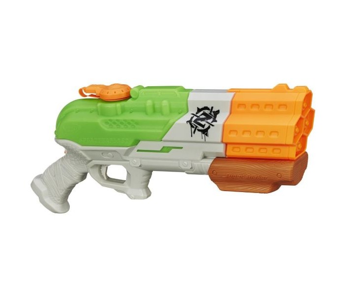 Nerf Hasbro Супер Сокер СкаттербластHasbro Супер Сокер Скаттербласт Nerf Hasbro Супер Сокер СкаттербластHasbro Супер Сокер СкаттербластNerf Hasbro Супер Сокер Скаттербласт. Новый водный дробовик Nerf из серии Зомби Страйк - залог успеха в любой водной перестрелке! Он выстреливает на расстояние до 9 метров, а в бак помещается до 1 литра воды. Отличительная черта - подсветка. Охотится на коварных зомби можно даже в темноте! Дизайн бластера Супер Сокер выполнен в стиле Zombie Strike - здесь есть желтые и салатовые элементы с логотипом серии, а под дулом находится стилизованный под дерево затвор. В дуле есть целых 4 отверстия - одновременно дробовик выпускает несколько водяных струй, что увеличивает его боевую мощность. Основные характеристики: дальность выстрела - до 9 метров можно заправить до 1 литра воды стрельба из 4-х отверстий в дуле дуло подсвечивается в темноте для работы подсветки необходимо 3AAA батарейки (мизинчиковые).<br>