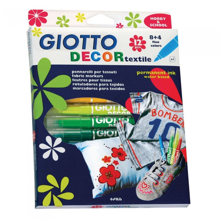 Фломастеры Giotto Decor Textile Специальные для декорирования по ткани 12 цветовDecor Textile Специальные для декорирования по ткани 12 цветов Фломастеры Giotto Decor Textile Специальные для декорирования по ткани 12 цветовDecor Textile Специальные для декорирования по ткани 12 цветовGiotto Decor Textile Специальные фломастеры для декорирования по ткани 12 цветов. Яркие красочные фломастеры на водной основе. Для декорирования картона, дерева, стекла, кожи, посуды, пластика, камня, пасты DAS, металла. В наборе 6 цветов - синий, зеленый, красный, черный, желтый, белый Инструкция: Цвета полностью видны после высыхания<br>