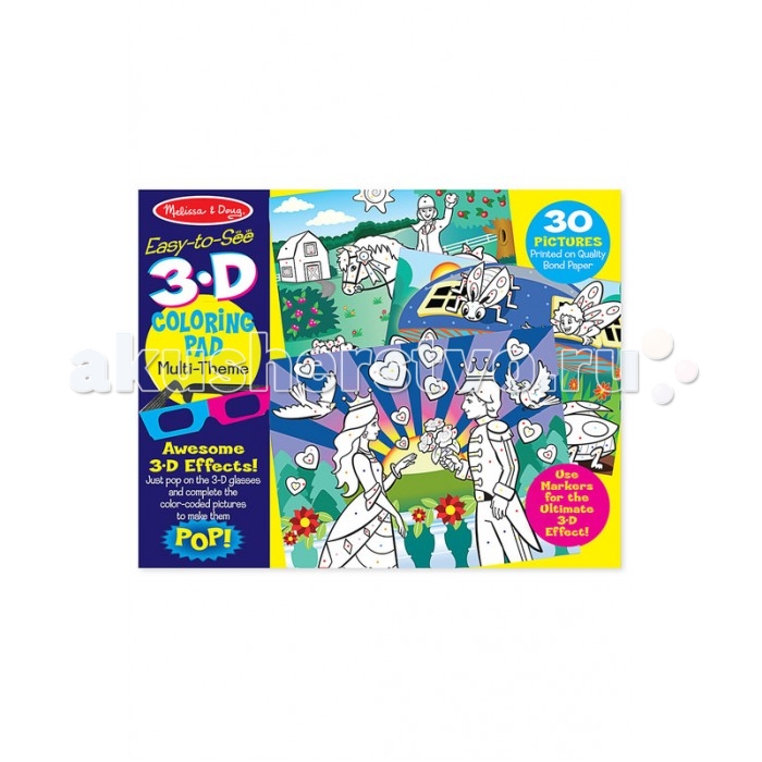 Раскраска Melissa & Doug для девочек с 3D очкамидля девочек с 3D очками Раскраска Melissa & Doug для девочек с 3D очкамидля девочек с 3D очкамиРаскраска Melissa & Doug для девочек с 3D очками представляет собой альбом из 30 плотных листов качественной бумаги. На каждой странице изображены прелестные иллюстрации, которые нужно раскрасить с помощью маркеров. Уникальность раскраски в том, что посмотрев на картинки через 3-D очки, изображенные объекты станут объемными. Теплые цвета, такие как красный и оранжевый, «выйдут» вперед, а холодные, синий и зелёный, «отойдут» на второй план. Такая оригинальная раскраска Melissa & Doug – идеальный вариант для занятий творчеством, ведь в ненавязчивой игровой форме детки будут развивать художественные навыки и визуальное восприятие цветов.<br>