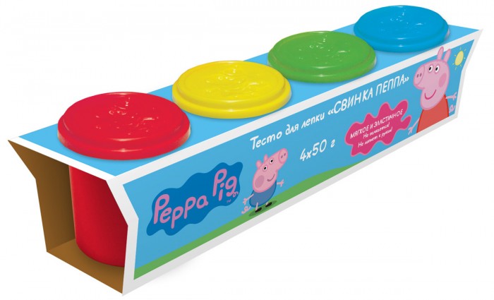 Peppa Pig Тесто для лепки Свинка Пеппа 4 цветаТесто для лепки Свинка Пеппа 4 цвета Peppa Pig Тесто для лепки Свинка Пеппа 4 цветаТесто для лепки Свинка Пеппа 4 цветаТесто для лепки Свинка Пеппа мягкое, пластичное, не липнет к рукам и не пачкается. В наборе 4 ярких цвета теста для лепки в баночках по 50 г. Крышки баночек выполнены из высококачественного пластика в виде формочек с изображением героев мультфильма. Полезные советы, размещенные на коробочке, помогут слепить фигурку Свинки Пеппы, придумать и создать свои собственные поделки. Цвета можно смешивать и получать новые оттенки.<br>