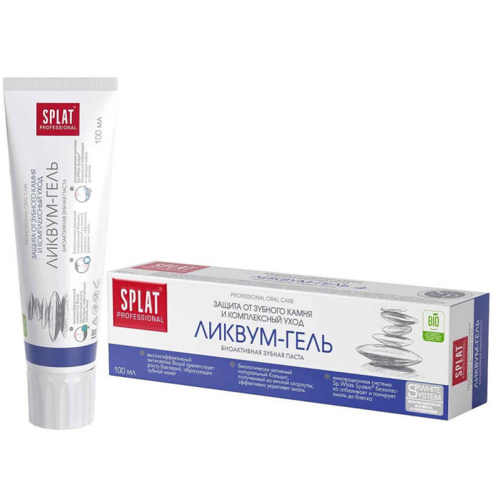 Splat Professional Зубная паста Ликвум-гель 100 млProfessional Зубная паста Ликвум-гель 100 мл Splat Professional Зубная паста Ликвум-гель 100 млProfessional Зубная паста Ликвум-гель 100 млSplat Professional Зубная паста Ликвум-гель 100 мл Гелевая зубная паста лазурного цвета с эффектом отбеливания и защиты от зубного камня Действует благодаря высокому содержанию ферментов и высокоэффективной полирующей системе Паста со сбалансированной чистящей системой Sp. White system® предназначена для отбеливания эмали и очищения всей полости рта Натуральные ферменты из папайи и высокомолекулярный компонент Polydon® эффективно расщепляют налет и препятствуют его образованию, способствуя сохранению белизны зубов Высокоэффективный антисептик Biosol оказывает противовоспалительное действие на десны и сдерживает рост патогенных бактерий Натуральный фермент папаин препятствует образованию зубного налета – основной причины возникновения кариеса Биоактивный Кальцис, полученный из яичной скорлупы, укрепляет эмаль и снижает гиперчувствительность зубов.<br>