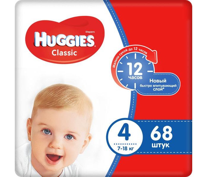 Huggies Подгузники Classic Mega 4 (7-18 кг) 68 шт.Подгузники Classic Mega 4 (7-18 кг) 68 шт. Huggies Подгузники Classic Mega 4 (7-18 кг) 68 шт.Подгузники Classic Mega 4 (7-18 кг) 68 шт.Вес ребенка: 7-18 кг Кол-во в упаковке: 68 шт. Ваш малыш должен чувствовать себя удобно днем и быть надежно защищен ночью! Вы можете быть уверены в комфорте своего малыша вместе с HUGGIES® Обеспечивают Вашему малышу надежную защиту и комфорт! Пропускают воздух по всей поверхности. Свежий воздух проходит сквозь мельчайшие поры к попке малыша, а водяные пары выходят наружу, в то время как жидкость надежно удерживается внутри впитывающего слоя. Поэтому кожа малышей остается сухой дольше. Барьерчики вокруг ног также пропускают воздух, но не пропускают жидкость. Очень удобные многоразовые застежки дают возможность застегивать подгузник столько раз, сколько нужно. Даже если Вы используете присыпки и лосьоны, застежки подгузника будут надежно держаться.<br>