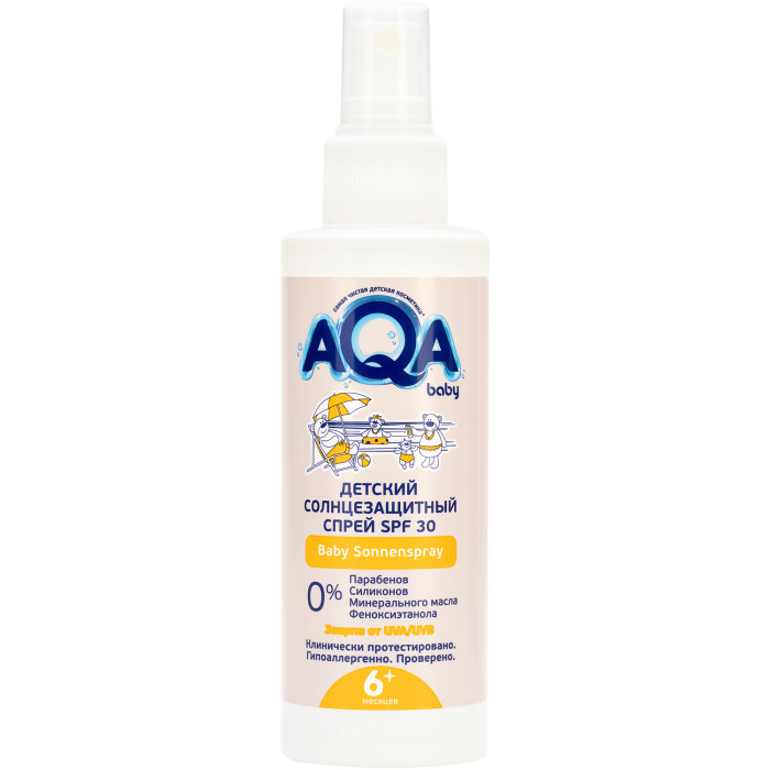 AQA baby Солнцезащитный спрей SPF 30 150 млСолнцезащитный спрей SPF 30 150 мл AQA baby Солнцезащитный спрей SPF 30 150 млСолнцезащитный спрей SPF 30 150 млAQA baby Солнцезащитный спрей SPF 30 150 мл надежно защищает нежную кожу самых маленьких детей от воздействия солнечных лучей. Формула Homeostatic Sun Protection обеспечивает: улучшенный биосинтез витамина D двойную защиту от UVA- лучей профилактику старения кожи. Особенности: легко наносится и быстро впитывается, не оставляя ощущения липкости содержит пантенол, который увлажняет кожу и препятствует сухости и шелушению водостойкий SPF 30 - высокий фактор защиты от UV-B лучей не содержит красителей, отдушек и консервантов соответствует европейским стандартам подходит для детей с 6 месяцев. Применение: за 30 минут до выхода на улицу нанести в большом количестве. После водных процедур, игр в песке, обтираний полотенцем наносите повторно. Объём: 150 мл<br>
