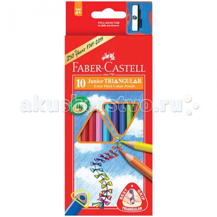 Faber-Castell Карандаши Junior Grip 10 цветов с точилкойКарандаши Junior Grip 10 цветов с точилкой Faber-Castell Карандаши Junior Grip 10 цветов с точилкойКарандаши Junior Grip 10 цветов с точилкойFaber-Castell Карандаши Junior Grip 10 цветов с точилкой Набор трехгранных цветных карандашей. Эргономичная форма позволяет удобно располагать карандаш в руке и предотвращает его скатывание со стола. Специальный утолщенный корпус подходит для использования детьми, помогая формировать правильный захват. Карандаш покрыт лаком на водной основе – он безопасен как для окружающей среды, так и для людей. Грифель изготовлен с использованием натуральных красителей – цвет ложится на бумагу ровно, мягко. Количество цветов - 10 Материал корпуса – дерево Диаметр корпуса – 7 мм Форма корпуса – трехгранная Заточено – да Длина – 175 мм Диаметр грифеля – 3 мм<br>