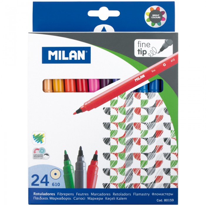 Фломастеры Milan 610 24 цвета610 24 цвета Фломастеры Milan 610 24 цвета610 24 цветаMilan Фломастеры 610 24 цвета Нетоксичные и светостойкие фломастеры с яркими насыщенными цветами. Безопасный вентилируемый колпачок Количество цветов – 24 Диаметр корпуса – 10,4 Длина корпуса с колпачком – 165 мм Форма корпуса – круглая Тип наконечника – конический Толщина линии – 1-2 мм Тип чернил – смываемые Тип поверхности – бумага Основа – водная Вентилируемый колпачок – да<br>