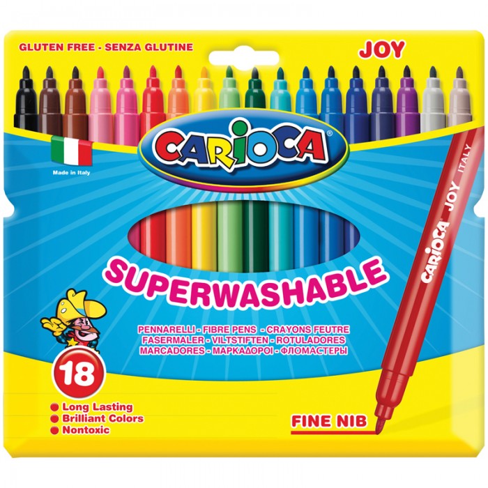 Фломастеры Carioca Joy 18 цветовJoy 18 цветов Фломастеры Carioca Joy 18 цветовJoy 18 цветовФломастеры Carioca Joy 18 цветов Набор фломастеров в блистере. Нетоксичные и светостойкие фломастеры с яркими насыщенными цветами. Безопасный вентилируемый колпачок. Длина письма свыше 800 метров. Смываемые нетоксичные чернила. Картонная коробка. Пишущий узел из нейлона высокого качества диаметром 2 мм. Количество цветов – 18 Диаметр корпуса – 10 Длина корпуса с колпачком – 146 мм Форма корпуса – круглая Тип наконечника – конический Толщина линии – 1-2.6 мм Тип чернил – смываемые Тип поверхности – бумага Основа – водная<br>