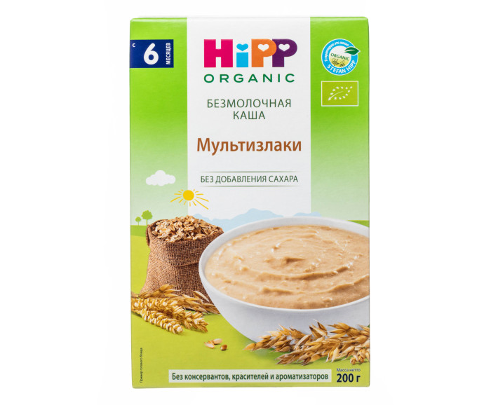 Hipp Безмолочная мультизлаковая каша с 6 мес. 200 гБезмолочная мультизлаковая каша с 6 мес. 200 г Hipp Безмолочная мультизлаковая каша с 6 мес. 200 гБезмолочная мультизлаковая каша с 6 мес. 200 гКаша Мультизлаки является богатейшим источником энергии. Пшеница укрепляет защитные силы организма благодаря витаминам А, В, С D, Е и ненасыщенным жирным кислотам. Овес обладает высокой пищевой ценностью. Он богат растительным белком, минеральными веществами (магнием, кальцием, железом, медью, марганцем, цинком) и витаминами В1, В2, РР, содержит максимальное для круп количество жиров и клетчатки. Овсянка мягко обволакивает слизистую желудка, улучшает моторику кишечника. Состав: 100% злаковые (36% пшеничной муки твердых сортов, 23% муки из цельнозеновой овсяной крупы, 23% муки из пшеничной крупы, 9% цельнозерновой муки из пшеницы спельта, 9% муки из рисовой крупы), витамин В1. Особенности:Не содержит добавленного сахара (может содержать натуральные сахариды), молока, ароматизаторов, красителей, консервантов, глютена Обогащена витамином В1<br>