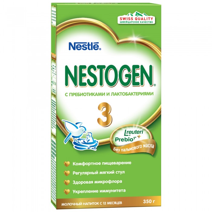 Nestogen 3 Заменитель с 12 мес. 350 г3 Заменитель с 12 мес. 350 г Nestogen 3 Заменитель с 12 мес. 350 г3 Заменитель с 12 мес. 350 гМолочко Nestogen® 3 - сбалансированный продукт, заменяющий коровье молоко в рационе ребенка старше года. Дополняет рацион ребенка питательными веществами, необходимыми для его оптимального роста и развития. Содержит натуральные пищевые волокна Prebio® (пребиотики ГОС/ФОС), которые помогают пищеварению и способствуют формированию регулярного стула. Лактобактерии L.reuteri, входящие в состав смеси, помогают созреванию пищеварительной системы, способствуют становлению здоровой микрофлоры и эффективно уменьшают колики, срыгивания и дискомфорт у малыша. Продукт следует готовить непосредственно перед каждым кормлением. Состав:Обезжиренное молоко, лактоза, мальтодекстрин, смесь растительных масел (низкоэруковое рапсовое, подсолнечное, подсолнечное высокоолеиновое, кокосовое), молочный жир, пребиотики (галактоолигосахариды (ГОС) и фруктоолигосахариды (ФОС)), цитрат кальция, соевый лецитин, витаминный комплекс, хлорид магния, сульфат железа, культура лактобактерий L.reuteri не менее 1х106 КОЕ•/г, сульфат цинка, сульфат меди, йодид калия, селенат натрия. Изготовлено с использованием обезжиренного молока. Особенности:Сухая молочная смесь Nestogen Нестоген с пребиотиками Полноценное питание Комфортное пищеварениеРегулярный стулБез использования генетически модифицированных ингредиентов, консервантов, красителей и ароматизаторовИзготовлено с использованием обезжиренного молока и молочной сыворотки Идеальной пищей для грудного ребенка является молоко матери. Продолжайте грудное вскармливание как можно дольше после введения прикорма. Необходима консультация специалиста. Nestogen 3 (возрастные ограничения: с 12 мес. ) не являются заменителями грудного молока. Необходима консультация специалистов. Молочная смесь предназначена для питания детей с 12 месяцев.<br>