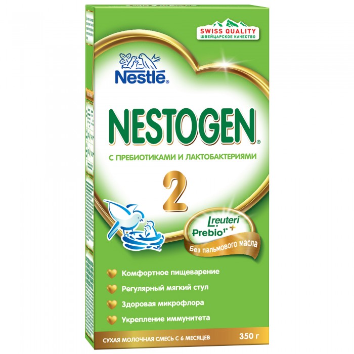Nestogen 2 Заменитель с 6 мес. 350 г2 Заменитель с 6 мес. 350 г Nestogen 2 Заменитель с 6 мес. 350 г2 Заменитель с 6 мес. 350 гСмесь Nestogen® 2 содержит белковый компонент, приближенный к составу грудного молока, а также сбалансированный комплекс витаминов и минеральные вещества для гармоничногороста и развития.Содержит натуральные пищевые волокна Prebio® (пребиотики ГОС/ФОС), которые помогают пищеварению и способствуют формированию регулярного стула. Лактобактерии L.reuteri, входящие в состав смеси, помогают созреванию пищеварительной системы, способствуют становлению здоровой микрофлоры и эффективно уменьшают колики, срыгивания и дискомфорт у малыша. Продукт следует готовить непосредственно перед каждым кормлением. Состав: Обезжиренное молоко, мальтодекстрин, лактоза, смесь растительных масел (низкоэруковое рапсовое, подсолнечное, подсолнечное высокоолеиновое, кокосовое), молочный жир, деминерализованная молочная сыворотка, пребиотики (галактоолигосахариды (ГОС) и фруктоолигосахариды (ФОС)), соевый лицитин, фосфат кальция, цитрат кальция, витаминный комплекс, хлорид калия, хлорид натрия, цитрат магния, сульфат железа, культура лактобактерий L.reuteri не менее 1х106 КОЕ•/г, сульфат цинка, сульфат меди, йодид калия, селенат натрия. Изготовлено с использованием обезжиренного молока и молочной сыворотки. Nestogen 1 содержит:Натуральные пищевые волокна (пребиотики), которые облегчают пищеварение и способствуют формированию регулярного и мягкого стула Белковый компонент, который приближен к составу белков грудного молока Незаменимые жирные кислотыВитамины и микроэлементы, необходимые для нормального роста и развития ребенка со второго полугодия его жизни Идеальной пищей для грудного ребенка является молоко матери. Перед тем как принять решение об искусственном вскармливании с использованием детской смеси, обратитесь за советом к медицинскому работнику. Возрастные ограничения указаны на упаковке товаров в соответствии с законодательством РФ. Необходима консультация специалистов. Молочная смесь предназначена для питания детей с 6 месяцев.<br>