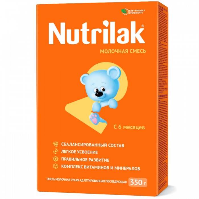 Nutrilak Заменитель 2 с 6 мес. 350 гЗаменитель 2 с 6 мес. 350 г Nutrilak Заменитель 2 с 6 мес. 350 гЗаменитель 2 с 6 мес. 350 гNutrilak 2 Смесь молочная сухая адаптированная последующая Для смешанного и искусственного вскармливания детей старше 6 месяцев Рекомендуется при недостатке или отсутствии материнского молока. Сбалансированная смесь, обогащенная комплексом витаминов, макро- и микроэлементами, содержит полиненасыщенные жирные кислоты, 40% сывороточных белков и все необходимые ингредиенты для нормального пищеварения и обмена веществ детей старше 6 месяцев. В состав смеси входят железо, цинк, селен, необходимые для профилактики анемии и укрепления иммунитета. Состав: Сухое обезжиренное молоко, растительные масла (пальмовое, кокосовое, соевое, кукурузное), сухая деминерализованная молочная сыворотка, мальтодекстрин, лактоза, минеральные вещества (цитрат калия, карбонат кальция, хлорид натрия, сульфат железа, сульфат цинка, сульфат меди, хлорид марганца, йодид калия, селенит натрия), витамины (аскорбиновая кислота, токоферол ацетат, никотинамид, пантотеновая кислота, рибофлавин, ретинол ацетат, пиридоксин гидрохлорид, тиамин гидрохлорид, фолиевая кислота, филлохинон, d-биотин, холекальциферол, цианокобаламин), эмульгатор (лецитин), таурин, инозит, L-карнитин, антиокислитель (аскорбилпальмитат) Необходима консультация специалистов. Молочная смесь предназначена для питания детей с 6 месяцев.<br>