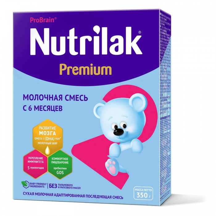 Nutrilak Заменитель Premium 2 от 6 мес. 350 гЗаменитель Premium 2 от 6 мес. 350 г Nutrilak Заменитель Premium 2 от 6 мес. 350 гЗаменитель Premium 2 от 6 мес. 350 гNutrilak Premium 2 Смесь сухая молочная адаптированная Для смешанного и искусственного вскармливания детей старше 6 месяцев. Nutrilak Premium 2 первая смесь с ПолноЦельным СОСТАВОМ. Содержит все самое важное, как в грудном молоке! Nutrilak Premium 2 ПолноЦельный СОСТАВ – смесь с улучшенным жировым составом без пальмового и рапсового масла с натуральным молочным жиром и важными нутриентами для полноценного развития малыша. Натуральный молочный жир, как и грудное молоко, содержит необходимые компоненты для правильного развития мозга и обмена веществ: - Бета-пальмитата, который обеспечивает организм необходимой энергией для роста и развития - Фосфолипидов, ганглиозидов и сфингомиелина, необходимых для формирования мозговых оболочек и интеллектуального развития - Холестерина, который правильно «программирует» организм и защищает от сердечно-сосудистых заболеваний в будущем Молочный жир легко усваивается и является источником энергии для активного роста малыша. Омега-3/Омега- 6 (DHA/ARA) жирные кислоты - структурные компоненты головного мозга, необходимые для развития интеллекта и поддержания остроты зрения. Пребиотики (галактоолигосахариды) - натуральные пищевые волокна, способствующие росту полезной микрофлоры кишечника (бифидо- и лактобактерий) и формированию мягкого регулярного стула. Нуклеотиды – главные компоненты для формирования иммунной системы и созревания желудочно- кишечного тракта малыша. Сбалансированный витаминно-минеральный комплекс, разработанный специально с учетом потребностей детей первого года жизни, способствует гармоничному росту и развитию малыша. Смесь разработана совместно с ведущими специалистами Федерального государственного бюджетного научного учреждения «Научный центр здоровья детей». Состав:сухая деминерализованная молочная сыворотка, сухое цельное молоко, мальтодекстрин, растительные масла (подсолнечное высокоолеиновое, соевое, кокосовое), галактоолигосахариды, сухое обезжиренное молоко, молочный жир, минеральные вещества (карбонат кальция, фосфат кальция, цитрат калия, хлорид калия, хлорид магния, хлорид натрия, сульфат железа, сульфат цинка, сульфат меди, хлорид марганца, йодид калия, селенит натрия), рыбный жир (источник докозагексаеновой кислоты DHA), витамины (аскорбиновая кислота, токоферол ацетат, никотинамид, пантотеновая кислота, рибофлавин, ретинол ацетат, пиридоксин гидрохлорид, тиамин гидрохлорид, фолиевая кислота, филлохинон, d-биотин, холекальциферол, цианокобаламин), масло Mortierella Alpina (источник арахидоновой кислоты ARA), эмульгатор (лецитин), таурин, инозит, нуклеотиды (цитидин-5’-монофосфорная кислота, уридин-5’- монофосфат динатриевая соль, аденозин-5’-монофосфорная кислота, гуанозин-5’-монофосфат динатриевая соль, инозин-5’-монофосфат динатриевая соль), L-карнитин, антиокислитель (аскорбилпальмитат), лютеин. Энергетическая ценность 100 г продукта: 501 ккал Пищевая ценность: белки – 10.6 г, жиры – 27.3 г, углеводы – 53.3 г Необходима консультация специалистов. Молочная смесь предназначена для питания детей с 6 месяцев.<br>
