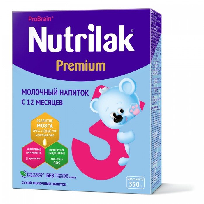 Nutrilak Заменитель Premium 3 с 12 мес. 350 гЗаменитель Premium 3 с 12 мес. 350 г Nutrilak Заменитель Premium 3 с 12 мес. 350 гЗаменитель Premium 3 с 12 мес. 350 гNutrilak Premium 3 ПолноЦельный СОСТАВ – молочный напиток с улучшенным жировым составом без пальмового и рапсового масла с натуральным молочным жиром и важными нутриентами для полноценного развития малыша. Натуральный молочный жир, как и грудное молоко, содержит необходимые компоненты для правильного развития мозга и обмена веществ: Бета-пальмитата, который обеспечивает организм необходимой энергией для роста и развития Фосфолипидов, ганглиозидов и сфингомиелина, необходимых для формирования мозговых оболочек и интеллектуального развития Холестерина, который правильно «программирует» организм и защищает от сердечно-сосудистых заболеваний в будущем Молочный жир легко усваивается и является источником энергии для активного роста малыша. Омега-3 (DHA) жирные кислоты - структурные компоненты головного мозга, необходимые для развития интеллекта и поддержания остроты зрения. Пребиотики (фруктоолигосахариды) - натуральные пищевые волокна, способствующие росту полезной микрофлоры кишечника (бифидо- и лактобактерий) и формированию мягкого регулярного стула. Биологически важные нутриенты (таурин, холин, инозит) и сбалансированный витаминно-минеральный комплекс особенно необходимы в период активного роста малыша. Приятный молочный вкус напитка обязательно понравится малышу. Рекомендуется в качестве обогащенного молочного напитка и для восстановления различных блюд (сухих каш, десертов, супов). Пищевая ценность: белки – 17 г, жир – 16.3 г, углеводы – 57.8г Энергетическая ценность 100 г продукта: 446 ккал Необходима консультация специалистов. Молочная смесь предназначена для питания детей с 12 месяцев.<br>