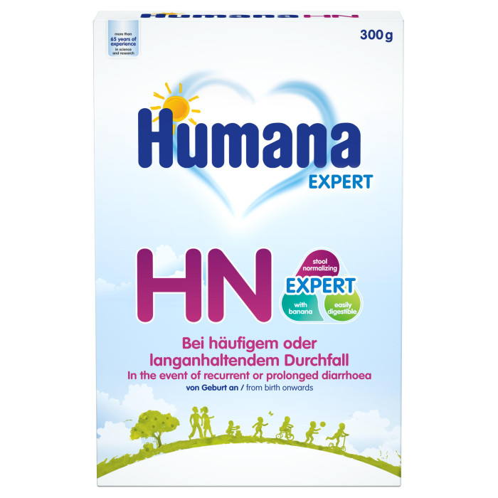 Humana Заменитель HN с рождения 300 гЗаменитель HN с рождения 300 г Humana Заменитель HN с рождения 300 гЗаменитель HN с рождения 300 гЗаменитель HN – это специальное сбалансированное лечебное питание при кишечных расстройствах различного происхождения для детей с 6 месяцев и старше, способное обеспечить физиологические потребности в пищевых веществах. Humana ЛП подходит при острой диарее у детей, находящихся на смешанном или искусственном вскармливании. Это полностью сбалансированное питание с необходимым уровнем щелочных минералов – натрия и калия, поскольку при кишечных расстройствах существует опасность развития ацидоза. Благодаря вкусу бананов даже дети со сниженным аппетитом охотно употребляют этот продукт. Рекомендуется в качестве единственного питания или составной части диеты в виде смеси и каши. Возможно длительное применение. Галактоолигосахариды смеси в сочетании с банановой клетчаткой с естественным содержанием фруктоолигосахаридовобладают пребиотическим действием, стимулируют рост бифидофлоры и ускоряют восстановление слизистой кишечника. Пищевые волокна за счет лигнина, целлюлозы, гемицеллюлозы обладают высокой способностью связывать избыток воды в кишечнике и снижают потери жидкости при диарее. При назначении в качестве единственного питания – удовлетворяет суточную потребность детей грудного возраста в основных пищевых веществах и энергии, способствует более быстрому купированию симптомов заболевания, нормализации стула, восстановлению дефицита массы тела. Рекомендуется при острых кишечных инфекциях, диареях различного генеза, частичной липазной недостаточности, вторичной лактазной недостаточности, а также при функциональных нарушениях ЖКТ (метеоризм, колики, срыгивания), в том числе сопровождающиеся гипотрофией. Состав: обезжиренное молоко, смесь растительных масел (пальмовое, рапсовое, подсолнечное), банановый порошок, сироп глюкозы, мальтодекстрин, картофельный крахмал, сироп галактоолигосахаридов, рисовая мука, кальция казеинат, натрия цитрат, L-цистеин, кальция карбонат, натрия хлорид, витамины (С, Е, А, В2, В6, В1, В12, D3, K, фолиевая кислота, пантотеновая кислота, биотин, ниацин), холина гидроген тартрат, магния карбонат, инозит, железа дифосфат, калия цитрат, цинка оксид, натрия селенат, меди сульфат, калия йодат, натрия молибдат.Особенности: Высокое содержание казеина (около 90%) уменьшает степень кишечных нарушений и нормализует перистальтику кишечника. Пептиды, входящие в состав казеина, стимулируют секрецию слизи слизистой оболочки и тем самым улучшают барьерную функцию кишечника Основная часть углеводов состоит из легко перевариваемых декстринов. Не содержит лактозуСнижено содержание жира. Жировой компонент включает легко усваиваемые растительные масла с высоким содержанием полиненасыщенных жирных кислот, включая незаменимые линолевую и a-линоленовую к-ты. 14% жиров составляют среднецепочечные триглицериды, которые хорошо всасываются в желудочно-кишечном тракте без участия желчных кислот и липазыКВитаминно-минеральный состав соответствует международным стандартам и рекомендациям. В состав продукта входит необходимое количество электролитовНе содержит компонентов, полученных с применением ГМО, искусственных красителей, ароматизаторов, консервантовЭЭнергетическая ценность 100 мл готового продукта: 64 ккал Необходима консультация специалистов. Молочная смесь предназначена для питания детей с 6 месяцев.<br>