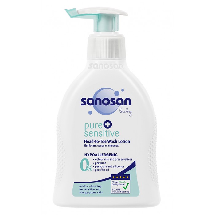 Sanosan Средство для купания Pure+Sensitive 200 млСредство для купания Pure+Sensitive 200 мл Sanosan Средство для купания Pure+Sensitive 200 млСредство для купания Pure+Sensitive 200 млСредство для купания Sanosan Pure+Sensitive с дозатором мягко и бережно очищает чувствительную, склонную к аллергии кожу. Рекомендовано для ежедневного применения, предохраняет нежную кожу от пересушивания. Подходит для очищения кожи головы младенцев. С первых дней жизни. Клинически протестировано Не содержит парфюмерных добавок Не содержит консервантов Не содержит красителей Не содержит парафинового масла<br>