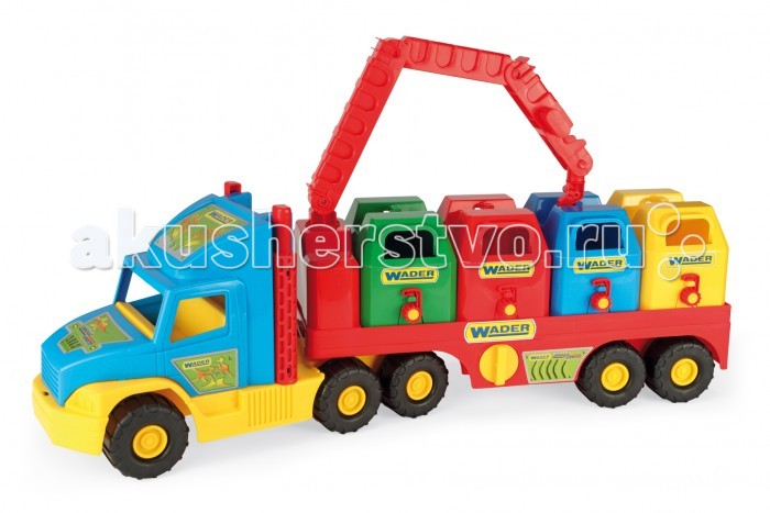 Wader Super Truck мусоровозSuper Truck мусоровоз Wader Super Truck мусоровозSuper Truck мусоровозWader Super Truck мусоровоз. Игрушечный мусоровоз Super Truck приведет ребенка в восторг своим ярким дизайном, реалистичностью и функциональностью. В комплект входят 4 мусорных бака с крышкой, а также кран, которым можно снимать баки с подвижного прицепа. Игрушечная машинка изготовлена из высококачественного пластика, устойчивого к погодным условиям, благодаря чему она может круглый год находится во дворе или на балконе. Игрушечный мусоровоз полностью безопасен для маленьких детей, отличается высокой прочностью и малым весом. Дополнительно на упаковке расположены элементы для вырезания.<br>