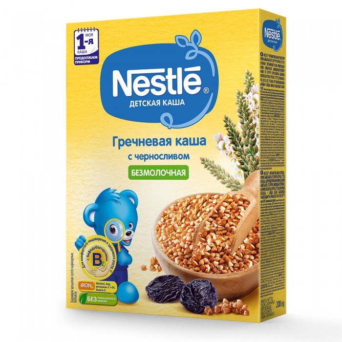 Nestle Безмолочная Гречневая каша с черносливом с 5 мес. 200 гБезмолочная Гречневая каша с черносливом с 5 мес. 200 г Nestle Безмолочная Гречневая каша с черносливом с 5 мес. 200 гБезмолочная Гречневая каша с черносливом с 5 мес. 200 гГречневая безмолочная каша с черносливом идеальна для плавного расширения рациона и развития вкусовых навыков малыша. Безмолочная гречневая каша с черносливом приготовлена с использованием особой технологии бережного расщепления злаков CHE. Благодаря этому в продукте появляется естественный сладкий вкус, каша лучше усваивается и имеет повышенную пищевую ценность. В состав каши входит низкоаллергенная греча. Не содержит глютен. Является полезным сбалансированным прикормом для здоровых детей. Чернослив помогает работе кишечника и развитию вкусовых восприятий малыша. Каша обогащена витаминами и микроэлементами, содержит пробиотики - живые бифидобактерии комплекса BL, подобные тем, которые содержатся в грудном молоке. Они способствуют нормализации пищеварения, росту здоровой микрофлоры и укреплению иммунитета,что очень важно на начальном этапе введения прикорма. При непереносимости лактозы и/или белков коровьего молока кашу необходимо разводить либо водой либо молочной смесью, которую вы используете для вскармливания вашего ребенка. Внимание! При разведении водой каша не обеспечивает необходимую пищевую ценность рациона. Проконсультируйтесь с врачом для коррекции рациона. Состав: мука гречневая, хлопья чернослива, сахар, витамины и минеральные вещества, бифидобактерии не менее 1х10⁶ КОЕ/г. Продукт может содержать следы глютена и молока, в том числе лактозу, так как продукты содержащие и не содержащие глютен и молоко, в том числе лактозу, производятся на одном промышленном оборудовании. Содержит 9 витаминов и 7 минеральных веществ. Идеальной пищей для грудного ребенка является молоко матери. Всемирная организация здравоохранения рекомендует исключительно грудное вскармливание в первые шесть месяцев и последующее введение прикорма при продолжении грудного вскармливания. Компания Нестле поддерживает данную рекомендацию. Для принятия решения о сроках и способе введения данного продукта в рацион ребенка необходима консультация специалиста. Возрастные ограничения указаны на упаковке товаров в соответствии с законодательством РФ.<br>
