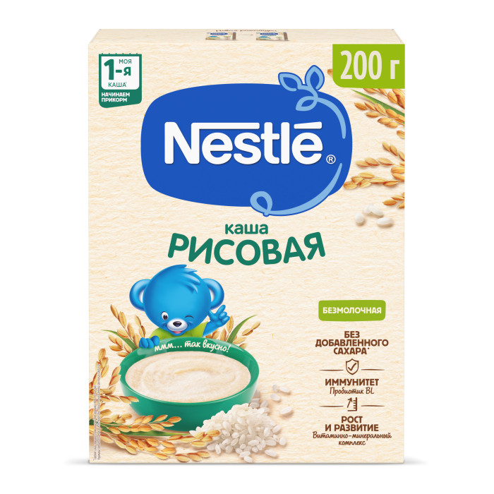 Nestle Безмолочная Рисовая каша гипоаллергенная с бифидобактериями с витаминами и минералами 4 мес. 200 гБезмолочная Рисовая каша гипоаллергенная с бифидобактериями с витаминами и минералами 4 мес. 200 г Nestle Безмолочная Рисовая каша гипоаллергенная с бифидобактериями с витаминами и минералами 4 мес. 200 гБезмолочная Рисовая каша гипоаллергенная с бифидобактериями с витаминами и минералами 4 мес. 200 гБезмолочная рисовая каша содержит бифидобактерии BL и приготовлена по особой технологии бережного расщепления злаков. В состав каши входит низкоаллергенный рис. Безмолочная рисовая каша приготовлена с использованием особой технологии бережного расщепления злаков CHE. Благодаря этому в продукте появляется естественный сладкий вкус, каша лучше усваивается и имеет повышенную пищевую ценность. В состав каши входит низкоаллергенный рис. Не содержит глютен. Является полезным сбалансированным прикормом для здоровых детей. Каша обогащена витаминами и микроэлементами, содержит пробиотики - живые бифидобактерии комплекса BL, подобные тем, которые содержатся в грудном молоке. Они способствуют нормализации пищеварения, росту здоровой микрофлоры и укреплению иммунитета, что очень важно на начальном этапе введения прикорма. При непереносимости лактозы и/или белков коровьего молока кашу необходимо разводить либо водой либо молочной смесью, которую вы используете для вскармливания вашего ребенка. Внимание! При разведении водой каша не обеспечивает необходимую пищевую ценность рациона. Проконсультируйтесь с врачом для коррекции рациона. Состав: рисовая мука, мальтодекстрин, витамины и минеральные вещества, бифидобактерии не менее 1х10⁶ КОЕ/г. Продукт может содержать следы глютена и молока, в том числе лактозу, так как продукты содержащие и не содержащие глютен и молоко, в том числе лактозу, производятся на одном промышленном оборудовании. Содержит 9 витаминов и 7 минеральных веществ. Идеальной пищей для грудного ребенка является молоко матери. Всемирная организация здравоохранения рекомендует исключительно грудное вскармливание в первые шесть месяцев и последующее введение прикорма при продолжении грудного вскармливания. Компания Нестле поддерживает данную рекомендацию. Для принятия решения о сроках и способе введения данного продукта в рацион ребенка необходима консультация специалиста. Возрастные ограничения указаны на упаковке товаров в соответствии с законодательством РФ.<br>