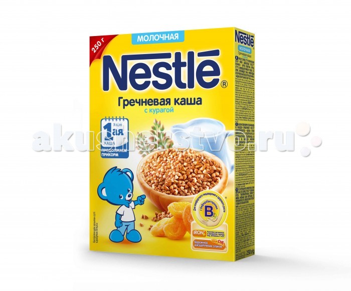 Nestle Молочная Гречневая каша с курагой с 5 мес. 250 гМолочная Гречневая каша с курагой с 5 мес. 250 г Nestle Молочная Гречневая каша с курагой с 5 мес. 250 гМолочная Гречневая каша с курагой с 5 мес. 250 гГречневая молочная каша с курагой - сбалансированное питание, предназначенное в качестве первого прикорма для детей. Каша отлично подходит для плавного расширения рациона, развивает вкусовые восприятия малыша. Молочная гречневая каша с курагой приготовлена с использованием особой технологии бережного расщепления злаков СНЕ. Благодаря этому в продукте появляется естественный сладкий вкус, каша лучше усваивается и имеет повышенную пищевую ценность. Каша не содержит глютен и является полезным сбалансированным прикормом для здоровых детей и детей с непереносимостью глютена. Курага способствует развитию вкусовых восприятий малыша. Каша обогащена витаминами и микроэлементами, содержит пробиотики - живые бифидобактерии комплекса BL, подобные тем, которые содержатся в грудном молоке. Они способствуют нормализации пищеварения, росту здоровой микрофлоры и укреплению иммунитета, что очень важно в период введения прикорма. Состав: мука гречневая, молоко сухое обезжиренное, пальмовый олеин, хлопья абрикоса, сахар, витамины и минеральные вещества, бифидобактерии не менее 1х10⁶ КОЕ/г. Содержит 10 витаминов и 7 минеральных веществ. Изготовлено с использованием обезжиренного сухого молока. Продукт содержит молоко, в том числе лактозу Идеальной пищей для грудного ребенка является молоко матери. Всемирная организация здравоохранения рекомендует исключительно грудное вскармливание в первые шесть месяцев и последующее введение прикорма при продолжении грудного вскармливания. Компания Нестле поддерживает данную рекомендацию. Для принятия решения о сроках и способе введения данного продукта в рацион ребенка необходима консультация специалиста. Возрастные ограничения указаны на упаковке товаров в соответствии с законодательством РФ.<br>