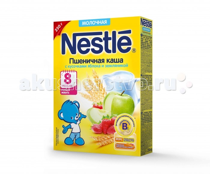 Nestle Молочная Пшеничная каша с земляникой и яблоком с 8 мес. 250 гМолочная Пшеничная каша с земляникой и яблоком с 8 мес. 250 г Nestle Молочная Пшеничная каша с земляникой и яблоком с 8 мес. 250 гМолочная Пшеничная каша с земляникой и яблоком с 8 мес. 250 гПшеничная каша с земляникой и яблоком - сбалансированное питание, предназначенное в качестве прикорма для детей с 8 месяцев, когда грудное молоко или детская смесь более не удовлетворяют потребности растущего организма ребенка в энергии. Злаки являются богатейшим источником энергии. Пшеница укрепляет защитные силы организма благодаря витаминам А, В, С D, Е и ненасыщенным жирным кислотам. Яблоко относится к продуктам с низким аллергенным потенциалом и способствует нормализации пищеварения. В этой кашке имеются небольшие кусочки ягод, что очень важно для развития навыков жевания у малыша. Каша содержит бифидобактерии, обогащена 10 витаминами и 7 минералами, в том числе цинком, йодом, витаминами А, В, С и D. Бифидобактерии BL - живые бифидобактерии, подобные тем, которые содержатся в кишечнике детей, получающих исключительно грудное вскармливание. Клинически доказано, что они способствуют поддержанию здоровой микрофлоры кишечника и при регулярном употреблении укрепляют иммунитет малыша. Йод необходим для нормального функционирования щитовидной железы и правильного развития мозга. Витамины группы В положительно влияют на работу центральной нервной системы, играют важную роль в регуляции всех видов обмена веществ, поддерживают здоровье кожи. Цинк, витамины А и С - ключевые микронутриенты, которые необходимы для правильной работы иммунной системы и развития мозга. Витамин D и кальций необходимы для профилактики рахита, здорового роста костей и зубов. Особенности: Содержит 10 витаминов и 7 минеральных веществ Изготовлена с использованием обезжиренного сухого молока Содержит бифидобактерии, способствующие укреплению иммунитета и нормализации пищеварения Не содержит ГМО, искусственные консерванты, красители и ароматизаторы Легко усваивается Состав: пшеничная крупа (измельченная), молоко сухое обезжиренное, пальмовый олеин, кусочки земляники садовой, кусочки яблока, сахар, витамины и минеральные вещества, бифидобактерии не менее 1х10⁶ КОЕ/г. Содержит 10 витаминов и 7 минеральных веществ. Изготовлено с использованием обезжиренного сухого молока. Продукт содержит глютен и молоко, в том числе лактозу. Идеальной пищей для грудного ребенка является молоко матери. Продолжайте грудное вскармливание как можно дольше после введения прикорма. Необходима консультация специалиста.<br>
