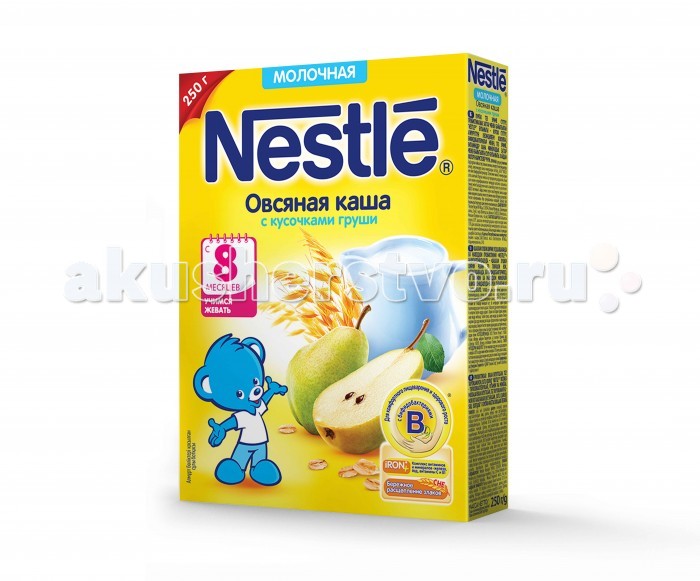 Nestle Молочная Овсяная каша с грушей с 8 мес. 250 гМолочная Овсяная каша с грушей с 8 мес. 250 г Nestle Молочная Овсяная каша с грушей с 8 мес. 250 гМолочная Овсяная каша с грушей с 8 мес. 250 гОвсяная молочная каша с грушей - питание, предназначенное в качестве первого прикорма для детей с 8 месяцев, когда грудное молоко или детская смесь более не удовлетворяют потребности растущего организма ребенка в энергии. Эта каша легко усваивается и способствует укреплению иммунитета. Овес обладает высокой пищевой ценностью. Он богат растительным белком, минеральными веществами (магнием, кальцием, железом, медью, марганцем, цинком) и витаминами В1, В2, РР, содержит максимальное для круп количество жиров и клетчатки. Груши богаты пищевыми волокнами - в частности пектином, выполняющим роль мягкого слабительного. Каша содержит бифидобактерии, обогащена 10 витаминами и 7 минералами. Бифидобактерии BL - живые бифидобактерии, подобные тем, которые содержатся в кишечнике детей, получающих исключительно грудное вскармливание. Клинически доказано, что они способствуют поддержанию здоровой микрофлоры кишечника и при регулярном употреблении укрепляют иммунитет малыша. Йод необходим для нормального функционирования щитовидной железы и правильного развития мозга. Витамины группы В положительно влияют на работу центральной нервной системы, играют важную роль в регуляции всех видов обмена веществ, поддерживают здоровье кожи. Цинк, витамины А и С - ключевые микронутриенты, которые необходимы для правильной работы иммунной системы и развития мозга. Витамин D и кальций необходимы для профилактики рахита, здорового роста костей и зубов. Состав: мука овсяная, молоко сухое обезжиренное, пальмовый олеин, кусочки груши, сахар, витамины и минеральные вещества, бифидобактерии не менее 1х10⁶ КОЕ/г. Содержит 10 витаминов и 7 минеральных веществ. Изготовлено с использованием обезжиренного сухого молока. Продукт содержит глютен и молоко, в том числе лактозу. Идеальной пищей для грудного ребенка является молоко матери. Продолжайте грудное вскармливание как можно дольше после введения прикорма. Необходима консультация специалиста.<br>