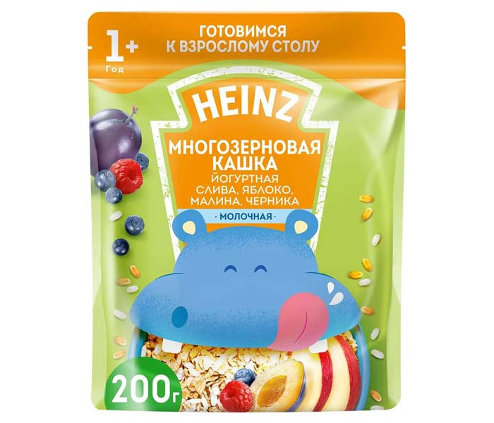Heinz Молочная Многозерновая кашка Йогурт, слива, яблоко, малина, черника с 1 года 200 гМолочная Многозерновая кашка Йогурт, слива, яблоко, малина, черника с 1 года 200 г Heinz Молочная Многозерновая кашка Йогурт, слива, яблоко, малина, черника с 1 года 200 гМолочная Многозерновая кашка Йогурт, слива, яблоко, малина, черника с 1 года 200 гМногозерновая кашка Йогурт, слива, яблоко, малина, черника незаменима для полноценного развития малыша, так как являются одним из главнейших источников хорошо усваиваемых углеводов, минеральных веществ и витаминов, незаменимой для организма клетчатки и растительных белков. Обогащена всеми витаминами и минералами, которые так необходимы малышу в этом возрасте. К тому же в кашку добавлены ягоды - малина, черника, яблоко, слива, которые улучшают ее вкус. Состав: пшеничная мука, сухие сливки, сахар, сухое цельное молоко, продукт экструдированный рисовый (рисовая крупа, сахар, соль), сухое обезжиренное молоко, слива, яблоко, пребиотические волокна цикория 2% (инулин, олигофруктоза), кукурузное масло, натуральный йогуртовый порошок, малина, черника, карбонат кальция, лактат кальция, соль, железо, окись цинка, йодистый калий, витамины: А, D, E, В1, В2, В6, В12, РР, С, фолиевая кислота, биотин, пантотеновая кислота.Особенности:Без ароматизаторов, консервантов, красителей, генетически модифицированных ингредиентов Содержит глютен, молоко<br>