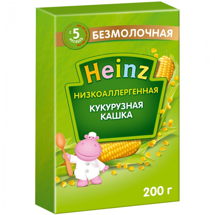 Heinz Безмолочная Низкоаллергенная кукурузная кашка с 5 мес. 200 гБезмолочная Низкоаллергенная кукурузная кашка с 5 мес. 200 г Heinz Безмолочная Низкоаллергенная кукурузная кашка с 5 мес. 200 гБезмолочная Низкоаллергенная кукурузная кашка с 5 мес. 200 гКогда витаминов и минералов, поступающих в организм малыша с материнским молоком, становится недостаточно, педиатры рекомендуют постепенно вводить прикорм. Попробуйте низкоаллергенные кашки Heinz приготовленные без добавления молока, сахара и глютенсодержащих ингредиентов. Таким образом вы снизите риск появления аллергических реакций. Низкоаллергенные каши также рекомендуются вегетарианцам, детям и взрослым с непереносимостью молочного белка, сахара, глютена. Начинайте вводить новый продукт с 1 чайной ложки, постепенно увеличивая порцию с возрастом и аппетитом ребенка. Кашу можно развести водой или соком. Если у ребенка нет аллергии к молочным белкам — грудным молоком или детской молочной смесью. Состав: кукурузная и рисовая мука, фосфат кальция, карбонат кальция, железо, окись цинка, витамины: А, D, E, B1, B2, B6, B12, PP, C, фолиевая кислота, биотин, пантотеновая кислота.<br>