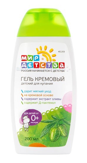 Мир детства Гель кремовый детский для купания 200 млГель кремовый детский для купания 200 мл Мир детства Гель кремовый детский для купания 200 млГель кремовый детский для купания 200 млГель кремовый детский для купания разработан специально для ухода за особо чувствительной кожей малышей с самого рождения. Гель кремовый можно использовать для ежедневной гигиены даже для очень сухой кожи, склонной к раздражениям. Он не содержит хлорида натрия и не смывает липидную пленку. Натуральные активные добавки обеспечивают полноценный уход и увлажнение кожи во время купания. Состав: экстракт оливы, Д-пантенол.<br>
