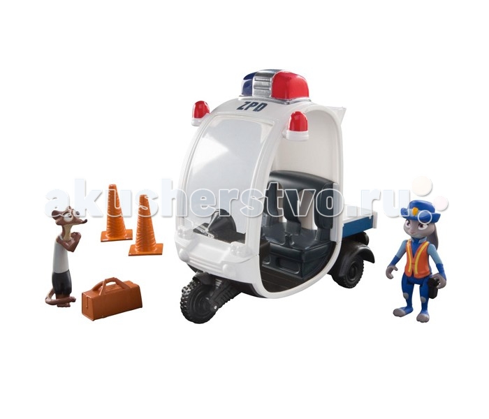 Tomy Zootropolis Зверополис Мотороллер, Джуди и ХорьковицZootropolis Зверополис Мотороллер, Джуди и Хорьковиц Tomy Zootropolis Зверополис Мотороллер, Джуди и ХорьковицZootropolis Зверополис Мотороллер, Джуди и ХорьковицНебольшой игровой набор Zootropolis L70021 Зверополис Мотороллер, Джуди и Хорьковиц создан по сюжету ожидаемой весной 2016 года мультпремьеры «Зверополис» (Zootopia). В наборе мотороллер крольчихи – полицейской Джуди Хопс, фигурка Джуди, фигурка горностая Дюка и чемоданчик с украденным Дюком имуществом. Джуди Хопс – лучшая выпускница полицейской академии, очень ответственная и старательная, сообразительная и проворная, идеалистка, мечтающая о блестящей карьере служителя закона. Вдохновленная мечтой, она приезжает в Зоотопию, чтобы стоять на страже законности и порядка. Однако из-за миниатюрности никто не воспринимает её всерьёз. Отважной зайке предстоит доказать своё право на работу в Департаменте полиции Зверополиса. Горностай Дюк небольшая ласка, мелкий мошенник, который пытается дать ложные показания Джуди во время полицейской погони. Фигурки выполнены из пластика, имеют несколько точек артикуляции, превосходно детализированы.<br>