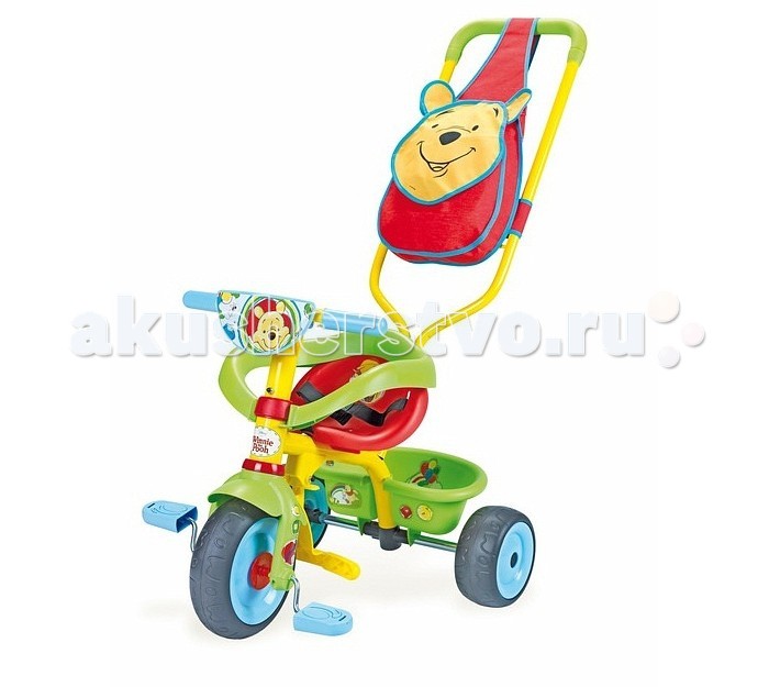 Велосипед трехколесный Smoby Be Fun Confort WinnieBe Fun Confort Winnie Велосипед трехколесный Smoby Be Fun Confort WinnieBe Fun Confort WinnieТрёхколёсный велосипед традиционно является одним из первых транспортных средств ребенка. Именно поэтому надо обратить особое внимание на комфорт и надежность. Велосипеды фирмы Smoby отвечают этим требованиям. Яркие цвета неспроста используются в окраске велосипедов, они издалека заметны и привлекают внимание других участников движения. Это яркий и красивый детский велосипед, оформленный по мотивам замечательного мультфильма Винни Пух. Удобное сидение располагает к длительным прогулкам. А вместительная корзина позволит взять с собой все самое необходимое. Ремни безопасности удержат вашего непоседу от самостоятельного выхода на ходу. Характеристики: изготовлен из экологически чистого упрочненного пластика с элементами из металла, резины рекомендуется для детей от 12 месяцев съемный барьер безопасности ручка регулируется по высоте в 3-х положениях сиденье меняет положение, двигаясь вперед к рулю и назад по мере того, как растет нога ребенка мягкие и бесшумные резиновые колеса ремень безопасности очень простая и надежная технология нескользкие резиновые ручки руля багажная корзинка регулируемая подножка колесо может двигаться независимо от педалей сумка для аксессуаров – стильная и удобная, которая может как крепиться к ручке велосипеда, так и одеваться на плечо управляющего им выполнен по мотивам замечательного мультфильма Винни Пух Размеры велосипеда: (вxдхш) 95х50х89 см Вес: 5 кг<br>