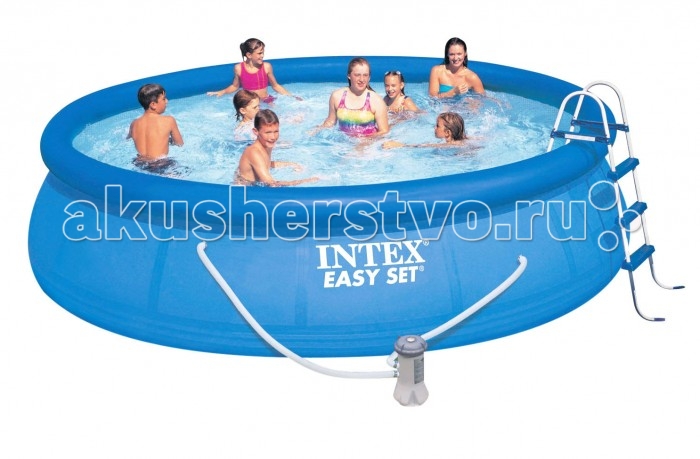 Бассейн Intex Easy Set 457х107 см с фильтромEasy Set 457х107 см с фильтром Бассейн Intex Easy Set 457х107 см с фильтромEasy Set 457х107 см с фильтромНадувной бассейн Intex Easy Set обладает двумя важными качествами: простотой конструкции и лёгким весом. В верхней части предусмотрено надувное кольцо, которое по мере наполнения бассейна водой, поднимает и расправляет стенки, обеспечивая необходимую устойчивость. Всего 10 минут потребуется на установку конструкции. Технология Super-Touch (сочетание винила и полиэстра), используемая в производстве, наделяет материал тройной прочностью, стойкостью к ударам, воздействию солнечного света, растягиваниям и стираниям. Надувные бассейны, за счет отсутствия металлического каркаса, удобны в хранении и в сложенном виде не займут много места. Модель оснащена клапаном для удобства слива воды и разъемами для подключения фильтрующих и хлорирующих устройств. Бассейн с фильтрующим насосом для очистки воды 220V. Фильтрующий насос обеспечивает очистку воды и редкую ее замену (1 раз в месяц). Также в комплекте лестница высотой 107 см, тент для бассейна, подстилка под бассейн, набор для чистки. В комплекте также идет ремкомплект. С его помощью вы сможете устранить самостоятельно какие-либо механические повреждения на изделии, приобретенные в ходе его использования. Размер: 457х107 см. Вместимость бассейна: 12430 л. Производительность насоса: 3785 л/ч. Вес: 42 кг.<br>