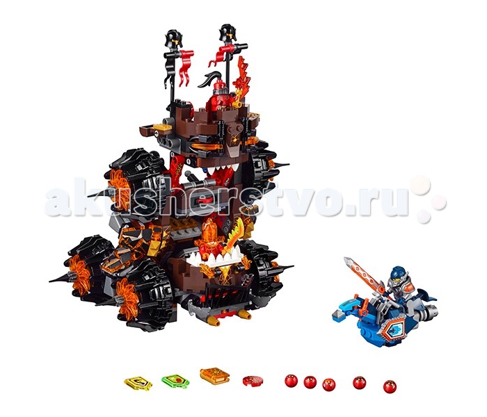 Конструктор Lego Нексо Роковое наступление Генерала МагмараНексо Роковое наступление Генерала Магмара Конструктор Lego Нексо Роковое наступление Генерала МагмараНексо Роковое наступление Генерала МагмараLego Nexo Knights Нексо Нексо Роковое наступление Генерала Магмара собирается из 516 деталей и включает 3 минифигурки. После сборки мы получаем огромную ужасающую осадную машину Генерала Магмара и Рыцаря Нексо Клэя верхом на своем боевом скакуне. Среди аксессуаров стоит отметить 5 Глоблинов, 3 Нексо силы и Книгу Разрушений, которая ни в коем случае не должна попасть в руки приспешников Джестро. Начнём с «хороших парней». В руках Клэя огромный энергетический меч, сам он закован в силовую броню и готов сразиться с кем угодно. Его летающий ховерцикл выполнен в виде коня и раньше встречался нам в наборе с боевой крепостью Найтонии Фортрексом. Центральное место занимает, конечно же, осадная башня Магмара. Внешне она напоминает огромного монстра, распахнувшего свою пасть и горящими глазами. Она состоит из 3 этажей. На верхней площадке стоит сам Магмар. Площадка хорошо защищена, по бокам установлены 2 катапульты и 2 флагштока с развевающимися флагами и украшениями из шлемов. Средний этаж занимает функциональный дискомет, который может вести огонь на достаточно большой дистанции и 2 колеса по бокам. На нижнем этаже расположена небольшая тюрьма, в которой можно держать захваченных врагов, 4 больших «зубастых» колеса с шипами и место «второго пилота». Злодеи представлены двумя потрясающими минифигруками: Флама, брат Молтора, тело которого состоит из жидкой лавы, что делает его одним из самых опасных противников на поле боя и величайший стратег, воин и кулинар, созданный Книгой Монстров — обладатель грандиозного самомнения, с которым можно сравнить только его же собственный запас невезения, который не позволяет ему побеждать ни в одной баталии, которые он же и устраивает.<br>