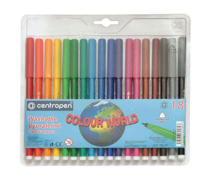 Фломастеры Centropen Набор Colour world 18 цветовНабор Colour world 18 цветов Фломастеры Centropen Набор Colour world 18 цветовНабор Colour world 18 цветовФломастеры Centropen Colour world 18 цветов Набор из разноцветных фломастеров - прекрасный вариант детского досуга В составе ярких цветных фломастеров на водной основе - чернила на основе пищевых красителей, без запаха Фломастеры имеют прочный пишущий конец стержня, фибровый наконечник, позволяющий варьировать ширину линии Фломастеры безопасны для ребенка, легко смываются с рук и отстирываются от одежды Возраст: от 3 лет.<br>