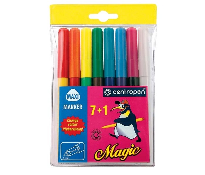 Фломастеры Centropen Набор перекрашивающих Magic 8 шт.Набор перекрашивающих Magic 8 шт. Фломастеры Centropen Набор перекрашивающих Magic 8 шт.Набор перекрашивающих Magic 8 шт.Фломастеры Centropen Набор перекрашивающих Magic 8 шт. У фломастеров «Magic» имеется треугольный профиль корпуса в зоне захвата, соответствующий новейшим тенденциям в эргономике письма и рисования. Держа фломастер с треугольным профилем, мы можем легко, с удовольствием рисовать, не вредя своему здоровью и не уставая. Фломастеры наполнены »волшебными» чернилами, которые изменяют цвет после перекрашивания фломастером-невидимкой. Корпус и чернила одинакового цвета, колпачки такого же цвета, как и чернила после перекрашивания следа. У маркирующих фломастеров волокнистое остриё 3,5 мм.<br>
