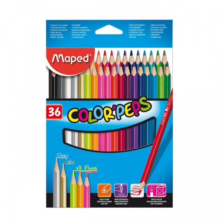 Maped Карандаши Color Peps 36 цветовКарандаши Color Peps 36 цветов Maped Карандаши Color Peps 36 цветовКарандаши Color Peps 36 цветовКарандаши цветные Maped Color Peps 36 цветов в картонном футляре из липы треугольные - серия ярких цветных карандашей удовлетворит все потребности детей. Мягкий и прочный грифель, легко затачивается, не трескается, 2.9 мм. Особенности Количество цветов - 36 Корпус - трехгранный Материал корпуса - дерево (липа)<br>