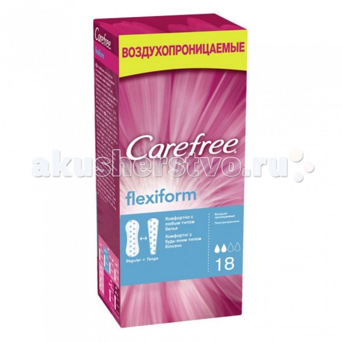 Carefree Салфетки FlexiForm воздухопроницаемые 18 шт.Салфетки FlexiForm воздухопроницаемые 18 шт. Carefree Салфетки FlexiForm воздухопроницаемые 18 шт.Салфетки FlexiForm воздухопроницаемые 18 шт.Салфетки FlexiForm воздухопроницаемые позволят каждый день сохранять ощущение чистоты и свежести. Гибкие салфетки легко адаптируются к белью обычной формы или трусикам стринг/танга и подойдут при любых обстоятельствах. А мягкое как хлопок покрытие и сгибы по бокам подарят вам еще больше комфорта.<br>
