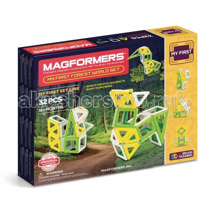 Конструктор Magformers Магнитный My First Forest 32 setМагнитный My First Forest 32 set Конструктор Magformers Магнитный My First Forest 32 setМагнитный My First Forest 32 setМагнитный конструктор Magformers My First Forest 32 set посвящен лесу. В его состав входят квадраты, треугольники и равнобедренные треугольники приятных, естественных цветов — белого, желтого и травянисто-зеленого. Из них можно собрать множество различных обитателей леса, построть дерево и лесную хижину. В комплект также входит красочно иллюстрированная Книга Идей с подробными схемами сборки лесных обитателей - зайчика, олененка, сову, дятла, лисичку, а можно включить воображение и придумать собственного зверька. Набор станет отличным подарком для юного натуралиста! Набор содержит 32 элемента: - треугольник: 14 шт. - квадрат: 16 шт. - равнобедренный треугольник: 2 шт.<br>