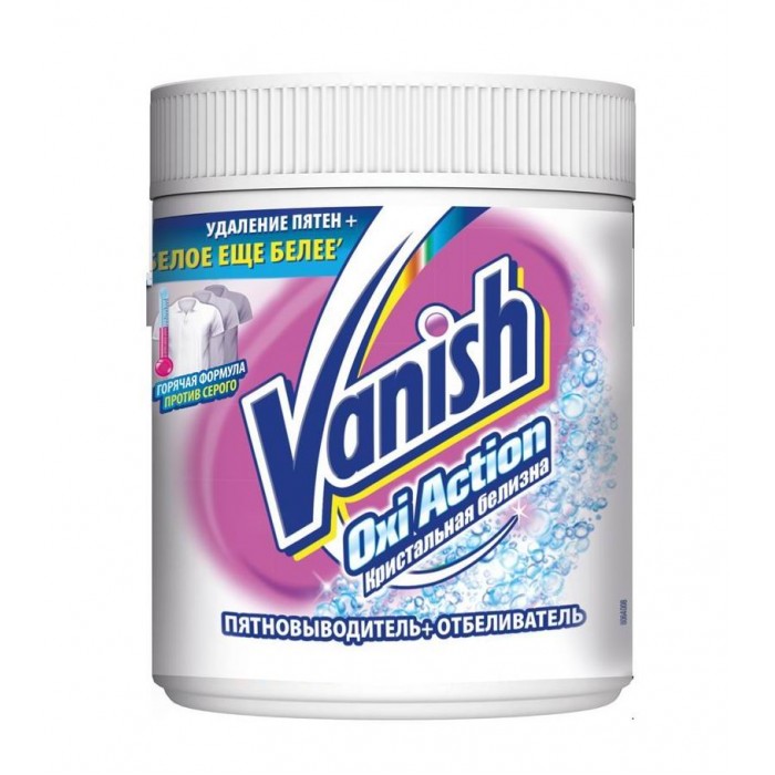 Vanish OXI Action Кристальная белизна. Отбеливатель для белых тканей 500 гOXI Action Кристальная белизна. Отбеливатель для белых тканей 500 г Vanish OXI Action Кристальная белизна. Отбеливатель для белых тканей 500 гOXI Action Кристальная белизна. Отбеливатель для белых тканей 500 гПятновыводитель+отбеливатель для тканей Vanish Oxi Action эффективно удаляет любые типы пятен: от хорошо видимых до самых маленьких, которые вы можете не заметить перед стиркой, - даже засохшие жирные пятна. Его уникальная формула с активным кислородом содержит специальные ингредиенты, расщепляющие и удаляющие жирные пятна. Он также содержит отбеливающие компоненты, помогающие поддерживать белизну вещей при каждой стирке. Всегда добавляйте ложку к стиральному порошку в отсек для основной стирки. Для повседневных загрязнений добавляйте 1/2 ложки. Стирка: Для сложных и въевшихся пятен: просто добавьте одну мерную ложку Vanish (60г) к вашему порошку и стирайте как обычно Для обычных пятен: достаточно половины мерной ложки (30г) Для выбора температурного режима всегда следуйте инструкции по стирке, указанной на ярлыках одежды Отличный результат даже при температуре 30 градусов! Замачивание: Для сложных и въевшихся пятен: полностью растворите одну мерную ложку (60г) порошкового Vanish Oxi Action в 4 литрах теплой воды (MAX 40 градусов) и оставьте вещи замачиваться При повседневных загрязнениях: достаточно половины мерной ложки (30г) Для максимального эффекта замачивайте в течение 6 часов Для лучшего результата потрите перед полосканием Предварительная обработка: Смешайте ¼ ложки средства с ¾ ложки воды Нанесите смесь на пятно Потрите пятно дном ложки После предварительной обработки постирайте вещь как обычно Для лучшего результата потрите перед полосканием Не давайте смеси высыхать на ткани!<br>