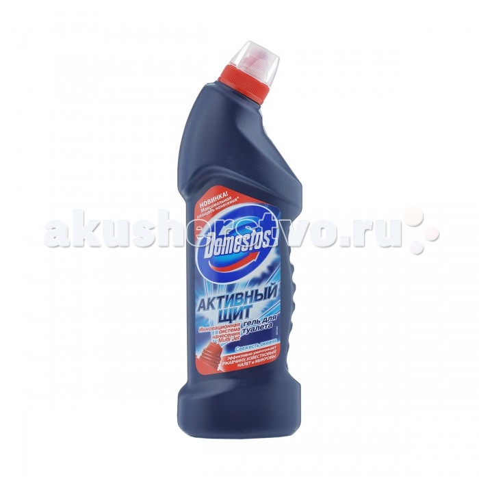 Domestos Чистящее средство для унитаза Активный щит Свежесть океана 750 млЧистящее средство для унитаза Активный щит Свежесть океана 750 мл Domestos Чистящее средство для унитаза Активный щит Свежесть океана 750 млЧистящее средство для унитаза Активный щит Свежесть океана 750 млГель для туалета Domestos с ароматом океана эффективно уничтожает известковый налет, ржавчину и микробы. Новая, более густая несмываемая формула создает защитный слой на поверхности унитаза, продлевая его чистоту и сияние до следующей уборки. Специальный дозатор позволяет использовать средство не только на горизонтальных, но и на вертикальных поверхностях, благодаря чему гель легко наносится даже на самые удаленные участки унитаза. Бутылка средства имеет удобную форму, а колпачок защищен от открывания детьми. Состав: < 5% перекись водорода, катионные ПАВ, отдушка. Особенности: Предназначен для чистки унитаза. Мощная формула эффективно уничтожает ржавчину, известковый налет и микробы. Дезинфицирует и отбеливает. Инновационная система Multi Jet позволяет нанести средство на самые труднодоступные места. С приятным ароматом океана. Способ применения: надавите на уплотнения по бокам колпачка и поверните против часовой стрелки. Чтобы закрыть, поверните колпачок по часовой стрелке до щелчка. Нанесите средство равномерно под ободок унитаза, оставьте на 30 минут, смойте. При необходимости воспользуйтесь щёткой. Для наилучшего результата (удаление сильных отложений и въевшейся грязи) оставляйте средство не менее чем на 60 минут. Используйте только для чистки унитаза.<br>