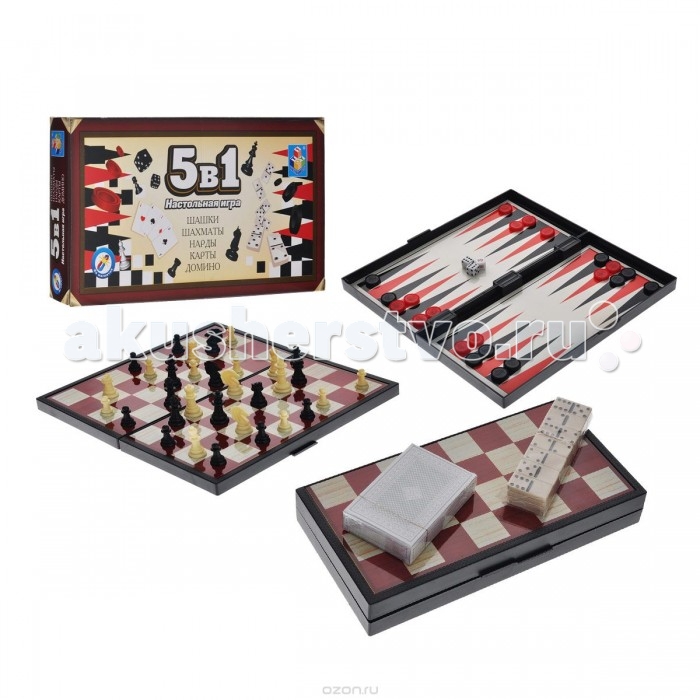 1 Toy Настольная игра 5 в 1Настольная игра 5 в 1 1 Toy Настольная игра 5 в 1Настольная игра 5 в 11 Toy Настольная игра 5 в 1 Вариативность выбора игр в данном наборе не оставит равнодушной ни одну компанию друзей. Любители шахмат, шашек и нард найдут для себя все необходимое для веселого времяпровождения, начиная с доски, заканчивая фигурками, шашками и игральными кубиками. Также в наборе имеются доминошки и карты для различных игр. Игра на магнитах Возраст: от 5 лет Комплект: игровое поле, шашки, шахматы, карты, нарды, домино<br>