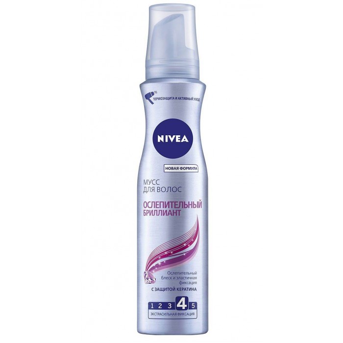 Nivea Мусс для волос Ослепительный бриллиант 150 млМусс для волос Ослепительный бриллиант 150 мл Nivea Мусс для волос Ослепительный бриллиант 150 млМусс для волос Ослепительный бриллиант 150 млМусс для укладки Ослепительный бриллиант от торговой марки Nivea с экстрасильной фиксацией придает волосам ослепительный бриллиантовый блеск. Он равномерно распределяется, уплотняет и приподнимает волосы от самых корней и обеспечивает экстрасильную фиксацию на продолжительный срок. Благодаря специальной формуле с защитой кератина средство ухаживает за волосами, восстанавливает их структуру изнутри и защищает снаружи от вредного влияния окружающей среды. Пряди выглядят естественными, гладкими и эластичными на протяжении всего дня. Мусс легко удаляется с помощью расчески. С ним вы будете по-настоящему неотразимы в любой ситуации! Особенности: Рекомендован для всех типов волос. Подходит для ежедневного применения. Обеспечивает ослепительный блекс. Формула с защитой кератина восстанавливает волосы изнутри и снаружи. Защищает от высоких температур во время горячей укладки. Экстрасильная фиксация. Nivea является одной из ведущих мировых компаний в области средств по уходу за кожей. Nivea заботится о потребителях, предлагая им совершенные и инновационные продукты. В исследовательском центре компании работает более 150 специалистов в области дерматологии и косметологии, фармакологии и химии. Косметическая продукция совершенствуется благодаря регулярным лабораторным исследованиям и многочисленным тестам.<br>