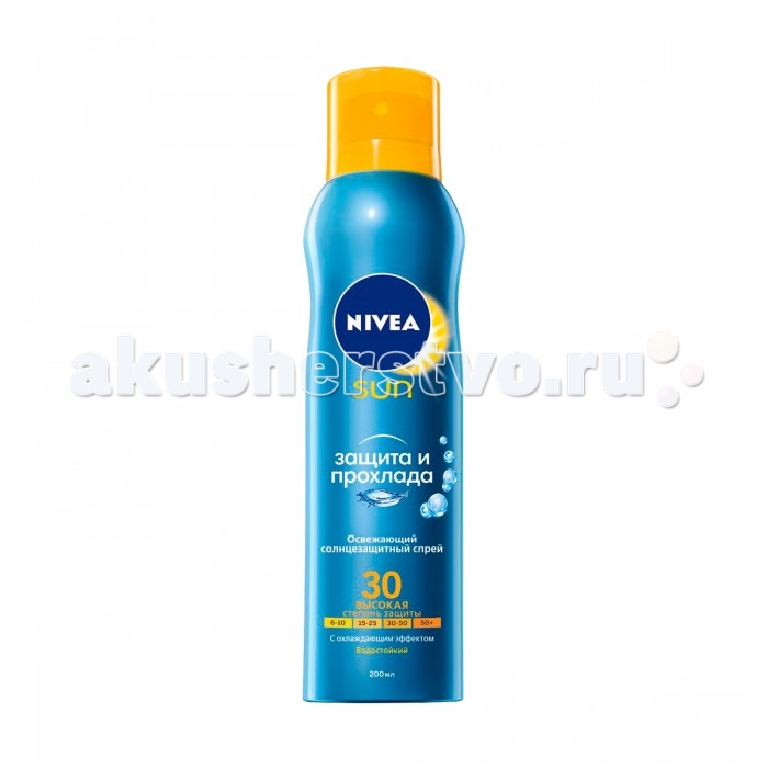 Nivea Спрей освежающий солнцезащитный Защита и прохлада SPF30 200 млСпрей освежающий солнцезащитный Защита и прохлада SPF30 200 мл Nivea Спрей освежающий солнцезащитный Защита и прохлада SPF30 200 млСпрей освежающий солнцезащитный Защита и прохлада SPF30 200 млУвлажняющая формула высокоэффективно защищает кожу и дарит ощущение легкой прохлады. Спрей в формате аэрозоля легко наносится - распыление из любого положения. Спрей торговой марки Nivea защитит вашу кожу от палящих солнечных лучей. Средство прошло клинические тестирования и не вызывает аллергических реакций. Оно легко наносится, не оставляет следов на одежде и мгновенно впитывается. Благодаря нежирной консистенции спрей не оставляет ощущения липкости кожи. Средство устойчиво к воздействию влаги, поэтому его можно использовать во время отдыха возле водоема. Замечательный спрей подарит вашей коже ощущения комфорта и защиты. Особенности: Подходит для всех типов кожи. Дерматологически протестирован. Мгновенно впитывается и не оставляет следов на одежде. Эффективно защищает от солнечных ожогов. Оказывает на кожу охлаждающий и освежающий эффект. Водостойкий. Nivea является одной из ведущих мировых компаний в области средств по уходу за кожей. Nivea заботится о потребителях, предлагая им совершенные и инновационные продукты. В исследовательском центре компании работает более 150 специалистов в области дерматологии и косметологии, фармакологии и химии. Косметическая продукция совершенствуется благодаря регулярным лабораторным исследованиям и многочисленным тестам.<br>