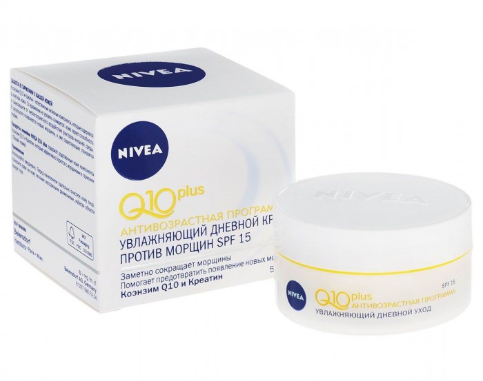 Nivea Дневной крем против морщин Q10 для нормальной и сухой кожи 50 млДневной крем против морщин Q10 для нормальной и сухой кожи 50 мл Nivea Дневной крем против морщин Q10 для нормальной и сухой кожи 50 млДневной крем против морщин Q10 для нормальной и сухой кожи 50 млУвлажняющий дневной крем против морщин от Nivea Q10 Plus заметно сокращает морщины и помогает предотвратить появление новых. Коэнзим Q10 И Креатин — естественные активные компоненты, которые содержатся в клетках кожи. Со временем их уровень снижается: кожа теряет способность к самозащите от неблагоприятного воздействия факторов внешней среды. В результате появляются новые морщины, а уже существующие становятся глубже. Линия Nivea Q10 Plus содержит родственные коже компоненты Коэнзим Q10 и Креатин, которые эффективно борются с морщинами в гармонии с Вашей кожей. Как это работает повышает концентрацию Коэнзима Q10 и Креатина в клетках кожи эффективно борется с морщинами изнутри предотвращает появление морщин, вызванных вредным воздействием солнечных лучей, благодаря фильтру SPF 15 и UVA-защите Результат морщины заметно сокращаются помогает предотвратить появление новых морщин ваша кожа выглядит моложе Nivea является одной из ведущих мировых компаний в области средств по уходу за кожей. Nivea заботится о потребителях, предлагая им совершенные и инновационные продукты. В исследовательском центре компании работает более 150 специалистов в области дерматологии и косметологии, фармакологии и химии. Косметическая продукция совершенствуется благодаря регулярным лабораторным исследованиям и многочисленным тестам.<br>