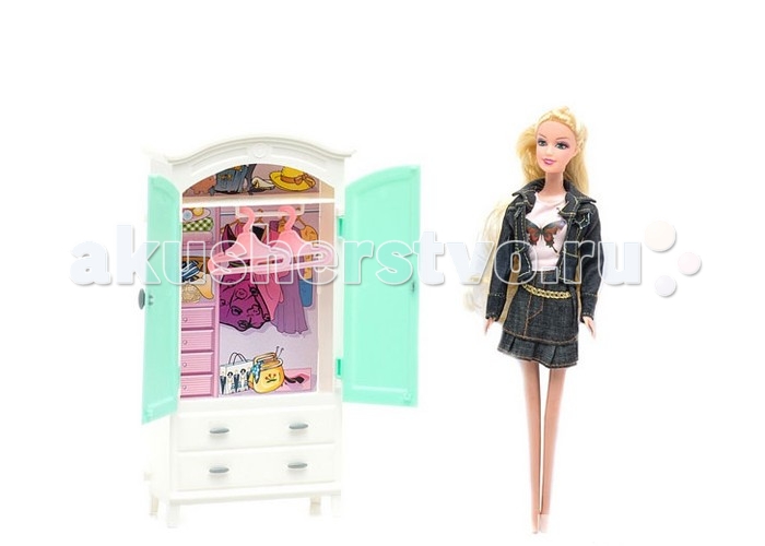 1 Toy Набор мебели с куклой Красотка ГардеробнаяНабор мебели с куклой Красотка Гардеробная 1 Toy Набор мебели с куклой Красотка ГардеробнаяНабор мебели с куклой Красотка Гардеробная1 Toy Набор мебели с куклой Красотка Гардеробная Игровой набор Гардероб включает в себя куклу, шкаф и 2 вешалки. Кукла - очаровательная жительница большого города, которая любит стильно одеваться и поэтому в ее гардеробе много красивой и модной одежды. Сегодня она одета в джинсовую юбочку с оборкой, куртку и футболку с принтом в виде бабочки. В шкафчике есть несколько отделений, открываются двери и выдвигаются ящички. Возраст: от 3 лет Для девочек Комплект: кукла, гардероб, 2 вешалки Состав: пластик, ПВХ, текстиль Высота куклы: 29 см<br>