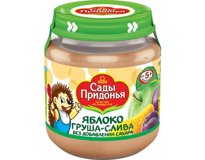 Сады Придонья Пюре Яблоко-груша-слива с 5 мес., 120 гПюре Яблоко-груша-слива с 5 мес., 120 г Сады Придонья Пюре Яблоко-груша-слива с 5 мес., 120 гПюре Яблоко-груша-слива с 5 мес., 120 гСады Придонья Пюре Яблоко-груша-слива с 5 мес., 120 г Пюре Яблоко, груша, слива от торговой марки Сады Придонья - вкусный и полезный вариант прикорма для малышей старше 5 месяцев. Оно готовится из натуральных фруктов без применения сахара, муки, крахмала, искусственных красителей и консервантов. Яблоки и сливы являются богатым источником витаминов и минеральных веществ, груша отличается низкой калорийностью и содержит органические кислоты, клетчатку, каротин. Фруктовое пюре благоприятно влияет на работу кишечника, почек, улучшает обмен веществ, помогает справиться с авитаминозом, укрепляет защитные силы организма, поднимает настроение и заряжает энергией. Нежный и питательный продукт для самых маленьких из линейки Сады Придонья непременно придется по вкусу вашему карапузу! Состав: яблочное пюре, грушевое пюре, сливовое пюре, вода. 100% натуральные фрукты. Без сахара. Без добавления крахмала и муки. Не содержит искусственных красителей, ароматизаторов и консервантов. Готово к употреблению. Пищевая ценность в 100 г продукта: углеводы - 12 г. Энергетическая ценность в 100 г продукта: 48 кКал. Условия хранения: Закрытую баночку хранить в сухом месте при температуре от +5 до +25 градусов и относительной влажности воздуха 75%. Не использовать, если при открытии не произошло щелчка. Открытую банку хранить в холодильнике не более 24 часов. Срок хранения: 12 месяцев.<br>