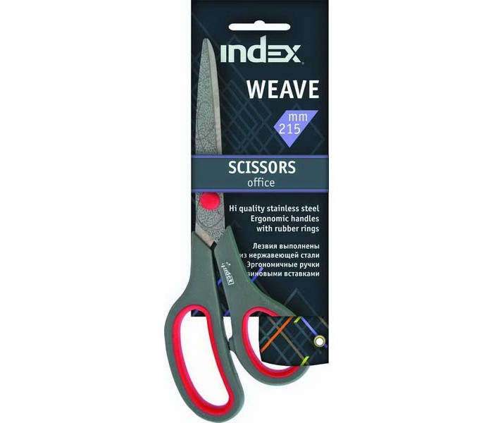 Index Ножницы Weave 215 ммНожницы Weave 215 мм Index Ножницы Weave 215 ммНожницы Weave 215 ммНожницы WEAVE, 215мм, пластиковые ручки c резиновыми вставками WEAVE. Офисные ножницы. Лезвия выполнены из нержавеющей стали с изысканным рисунком, пластиковые ручки специальной формы, удобной для руки, резиновые вставки. Длина ножниц - 21.5 см.<br>