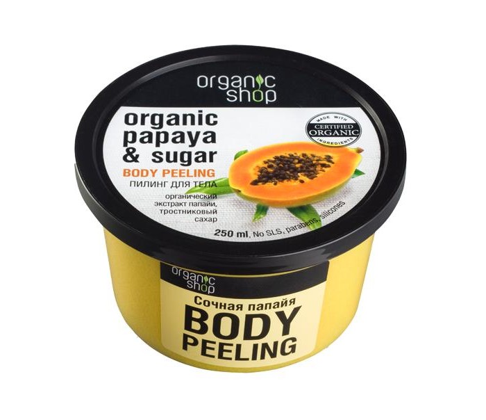 Organic shop Пилинг для тела Сочная папайя 250 млПилинг для тела Сочная папайя 250 мл Organic shop Пилинг для тела Сочная папайя 250 млПилинг для тела Сочная папайя 250 млOrganic shop Пилинг для тела Сочная папайя 250 мл Нежный фруктовый пилинг для тела на основе органического экстракта папайи и тростникового сахара мягко отшелушивает и очищает кожу, омолаживая и придавая ей восхитительный аромат. Способ применения: Нанести на влажную кожу лёгкими массирующими движениями, смыть водой. Объем: 250 мл<br>