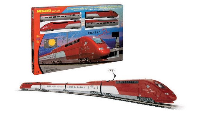 Mehano ThalysThalys Mehano ThalysThalysЖелезная дорога «MEHANO» Thalys - отличная модель скоростного состава, идеальный подарок. Обтекаемые линии, темно-алый цвет, быстрое движение поезда делают его похожим на механическую птицу, которая летит по рельсам, будто не касаясь их. Это стремительное изящество вписано в рамки рельсового овала, но при желании железнодорожное полотно можно увеличить, ведь все элементы железных дорог «MEHANO» совместимы друг с другом. Рельсы металлические, колеса паровозов из металла, Очень качественная игрушка. Характеристики железной дороги «MEHANO» Thalys: • масштаб 1:87; • работает от электрической сети через адаптер – 220 вольт; • возможность изменения скорости движения; • размер собранного железнодорожного полотна: 117,5 смх 95,5 см; • ширина колеи: 16,5 мм; • размер упаковки: 64 x 38,5 x 34,5 см; • все элементы комплекта совместимы с другими сборными моделями железной дороги «MEHANO», так что юный машинист сможет прокладывать различные маршруты, строить новые станции и придумывать неповторимый, свой собственный уникальный ландшафт. В комплекте: • 1 ведущий локомотив Thalys, 1 ведомый локомотив Thalys, 1 вагон первого класса, 1 вагон второго класса; • 3,35 метров железнодорожного полотна: 12 радиальных рельс, 2 прямых; • сетевой адаптер; • пульт-контроллер; • подробная инструкциями по сборке и управлению (с иллюстрациями).<br>
