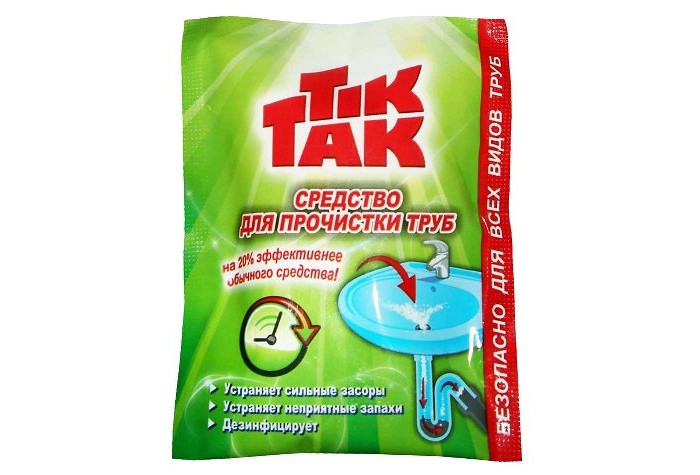 Chirton Средство для прочистки труб Tik Tak 90 гСредство для прочистки труб Tik Tak 90 г Chirton Средство для прочистки труб Tik Tak 90 гСредство для прочистки труб Tik Tak 90 гСредство для прочистки труб Chirton Tik Tak 90 г обладает повышенным очищающим эффектом, а увеличенная на 20%, по сравнению с обычными средствами, масса активного вещества полностью восстанавливает пропускную способность сливных отверстий и канализационных труб уже через 1,5 - 2 часа. Особенности Уничтожает болезнетворные микроорганизмы! Устраняет неприятные запахи. Удобная одноразовая упаковка.<br>